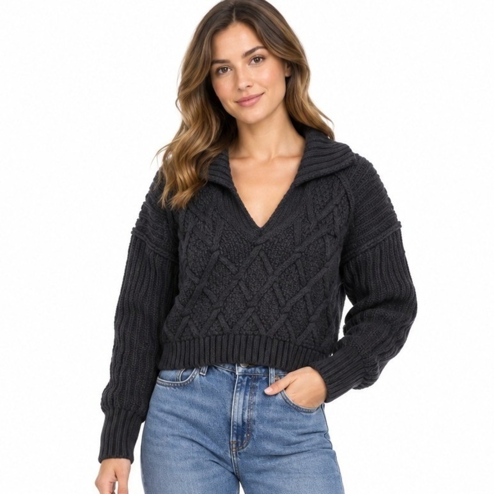 Free People Womens Large Black Cable Knit V-Neck Collared Cropped Sweater Boho